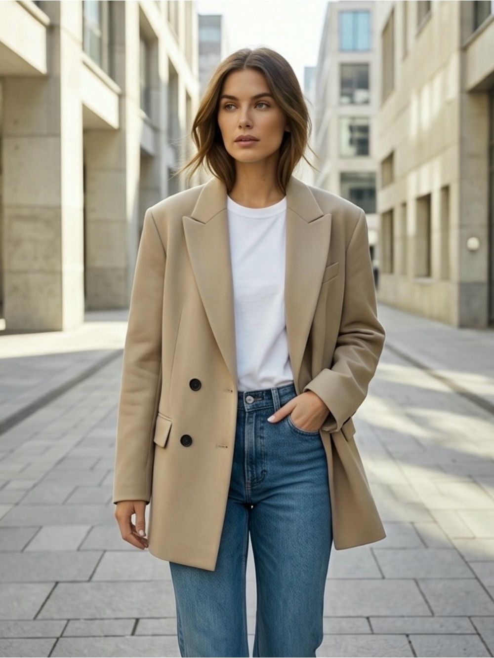 H&M Taupe Oversized Double-Breasted Blazer Jacket, Excellent Condition